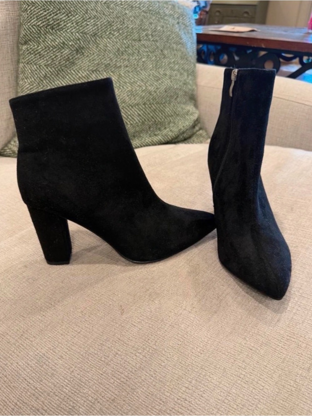 SHEIN Black Suede Pointed Toe Block Heel Ankle Boots